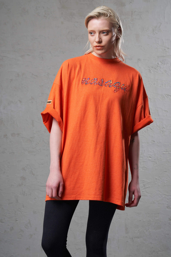 orange color cross over back split eco-friendly cotton women top tee embroidery 