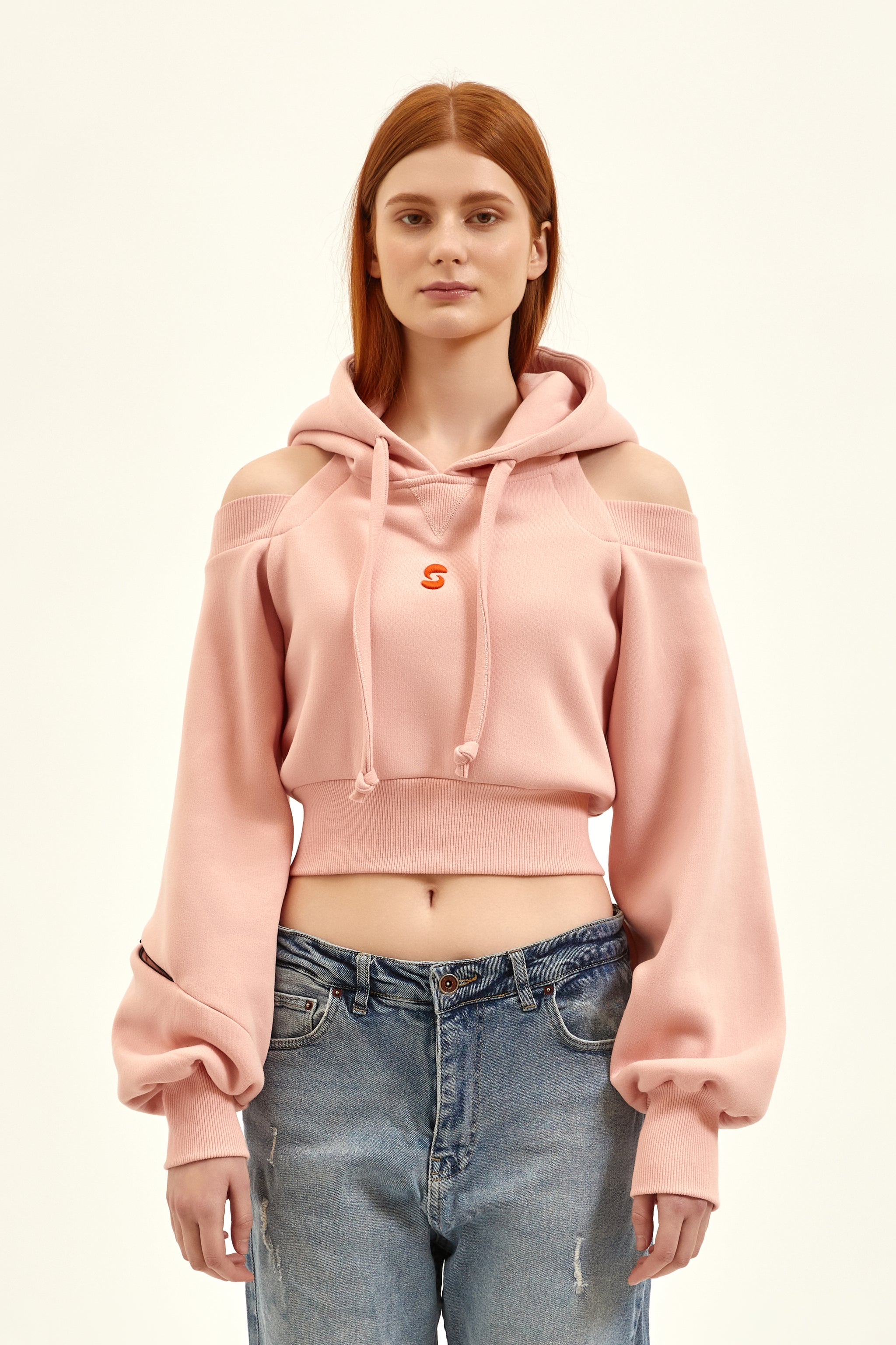 Ac k Omuzlu Crop Top Hoodie Pembe NASAQU TR